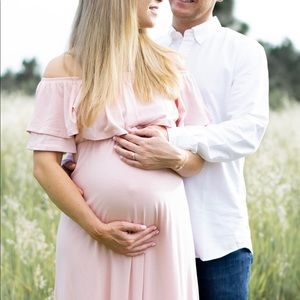 PinkBlush Light Pink Off Shoulder Ruffle Maxi